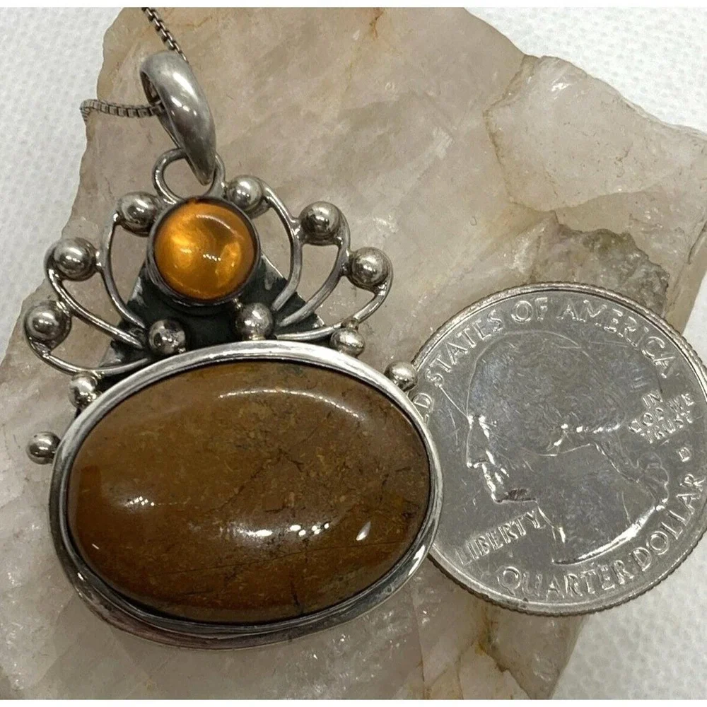Vintage Brown Agate Modernist Pendant 18'' Necklace Sterling 925 Silver 16g Boho
